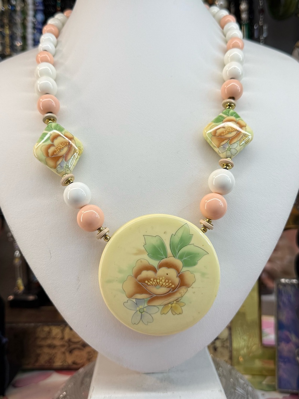 Vintage Floral Porcelain Pendant Necklace - Peach and Cream